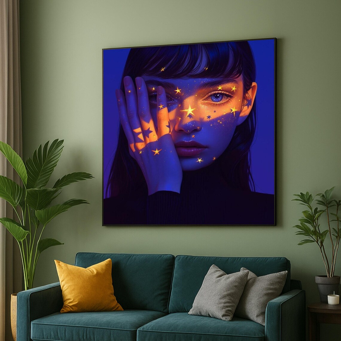 Starry Night Woman Hand On Face Glowing Stars Fantasy Art Poster