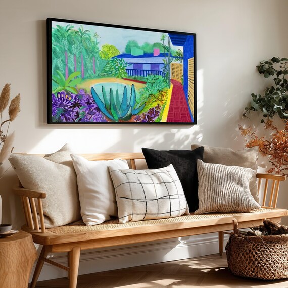 Vibrant Tropical Garden With Pool Canvas David Hockney Wall Art Colorful Landscape Contemporary Nature Decor
