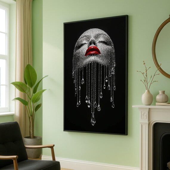Crystal Drip Face With Bold Red Lips Modern Glam Portrait Poster