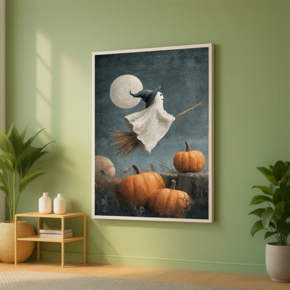 Cute Halloween On Broomstick Canvas Pumpkin Patch Wall Art Spooky Moonlit Night Autumn Seasonal Decoration Kids Room