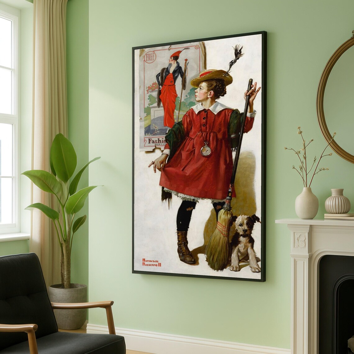 Norman Rockwell Little Girl Red Dress Feather Hat Broom Dog Poster