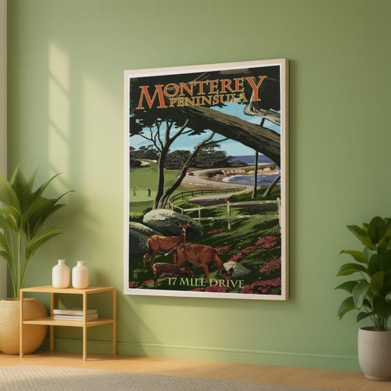 Monterey Peninsula Canvas Wall Art 17 Mile Drive Scenic Landscape Coastal Nature Deer In Meadow Golf Course View