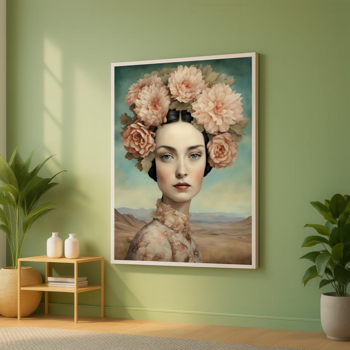 Floral Crown Woman Surreal Portrait Soft Pastel Canvas Poster