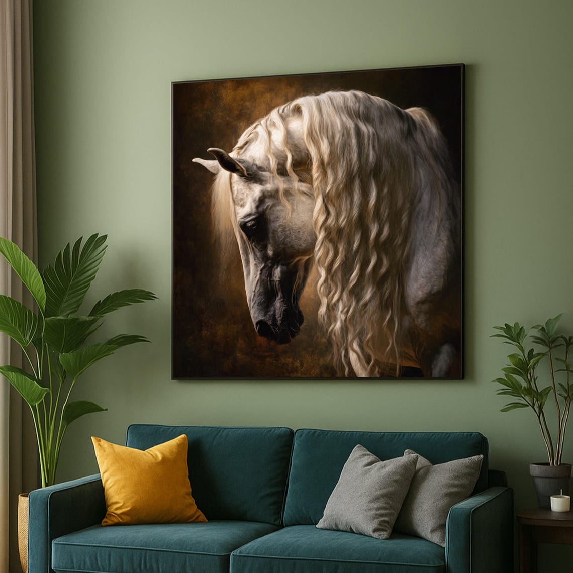 White Horse Portrait Flowing Mane Elegant Equestrian Art Poster