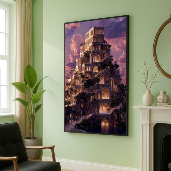 Majestic Ancient Architecture Canvas Illuminated Stairway Wall Art Fantasy Castle Design Mystical Building Home Decor Print