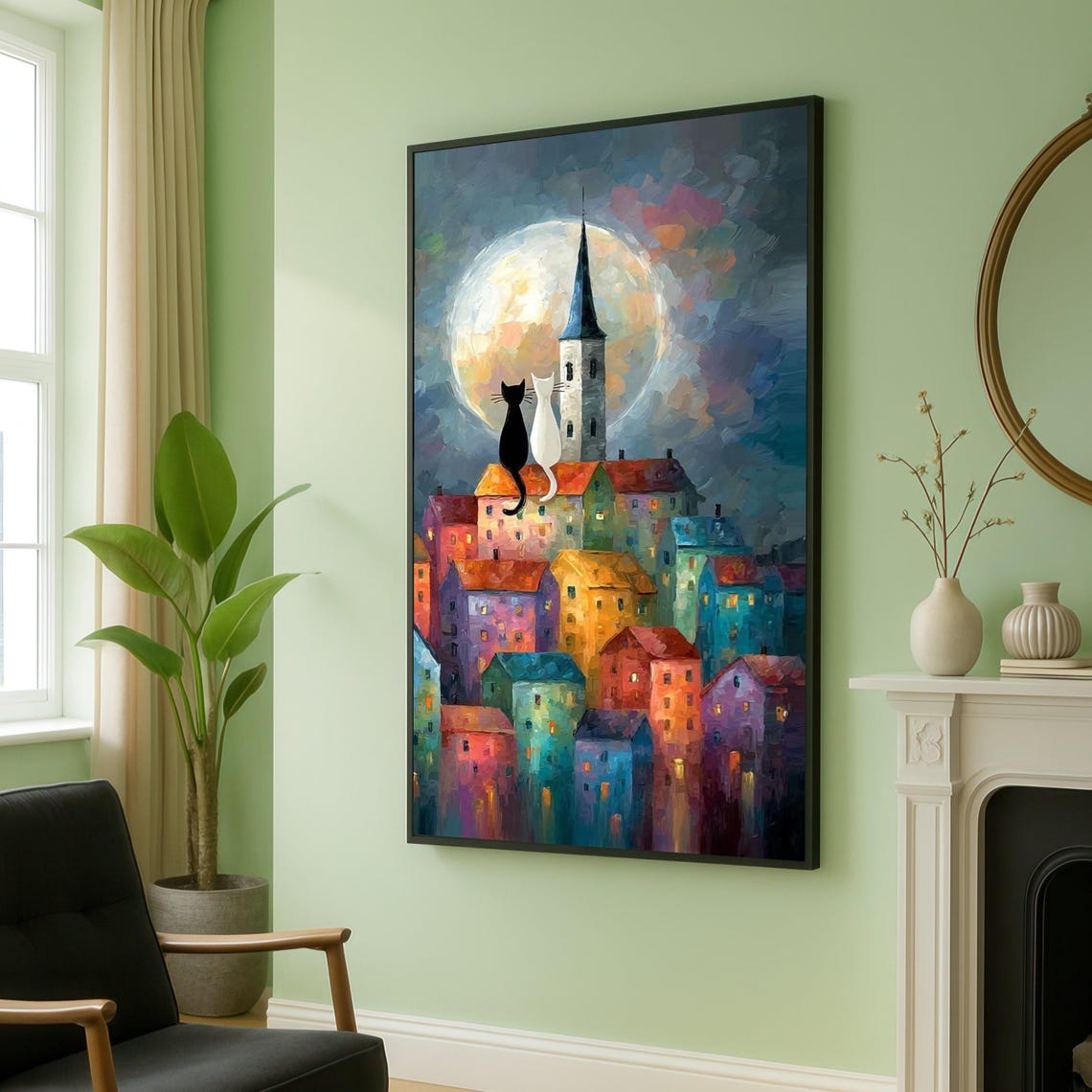 Moonlit Cats on Colorful Village Rooftops Night Scene Poster