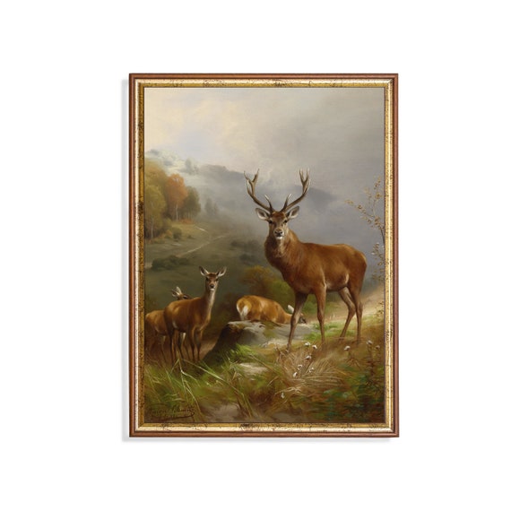 Vintage Deer Painting Antique Animal Print Moody Rustic Art Wall Art Farmhouse Decor Fine Art