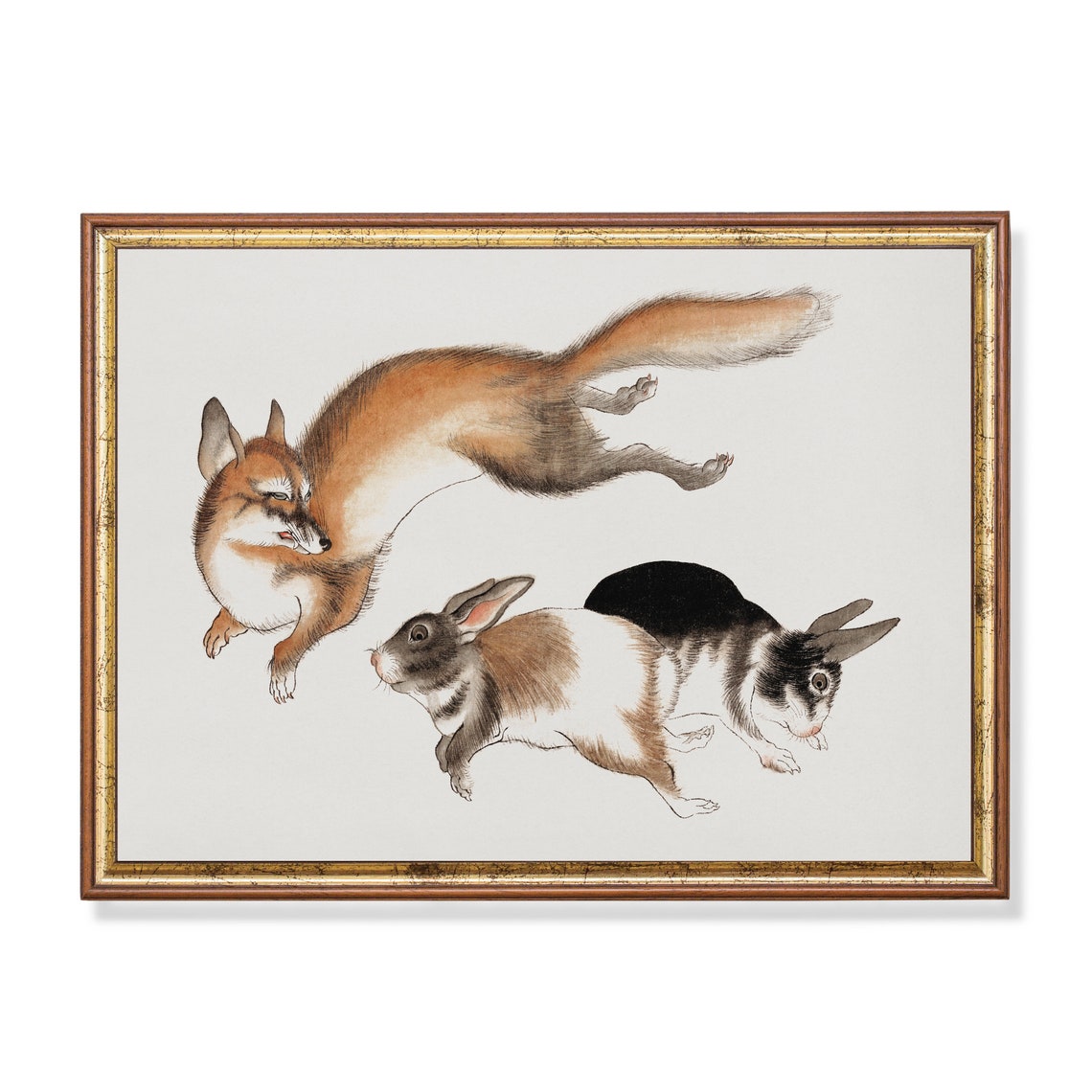 Leaping Fox Chasing Two Hares Japanese Ink Style Animal Art Poster