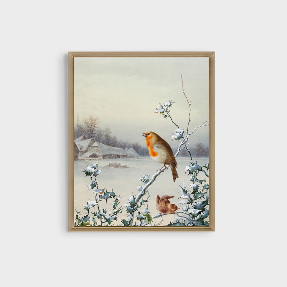 Robin And Wren On Snowy Holly Branches Vintage Winter Birds Poster - Image 3
