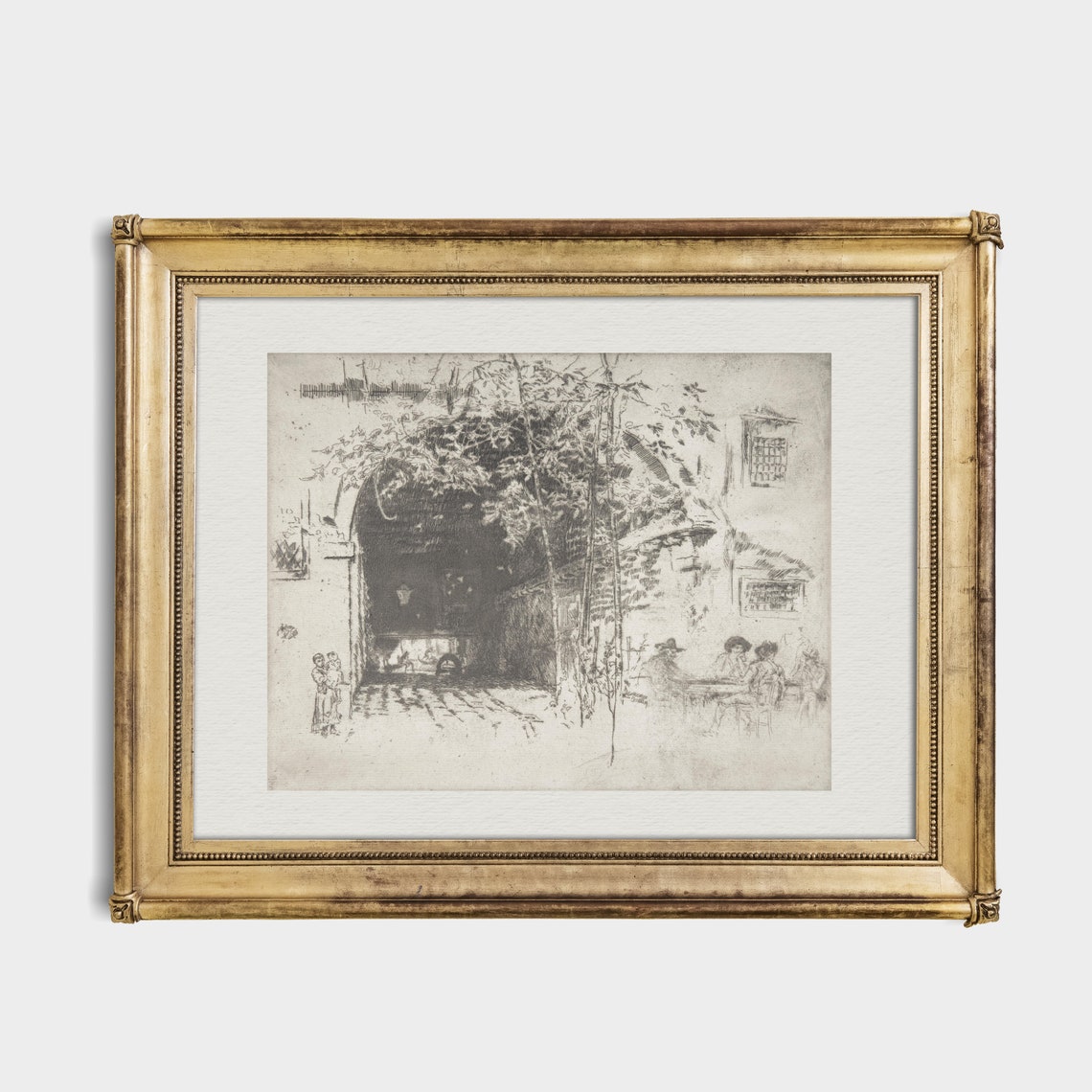 Arched Courtyard with Diners at Tables Vintage Etching Sketch Poster - Image 3