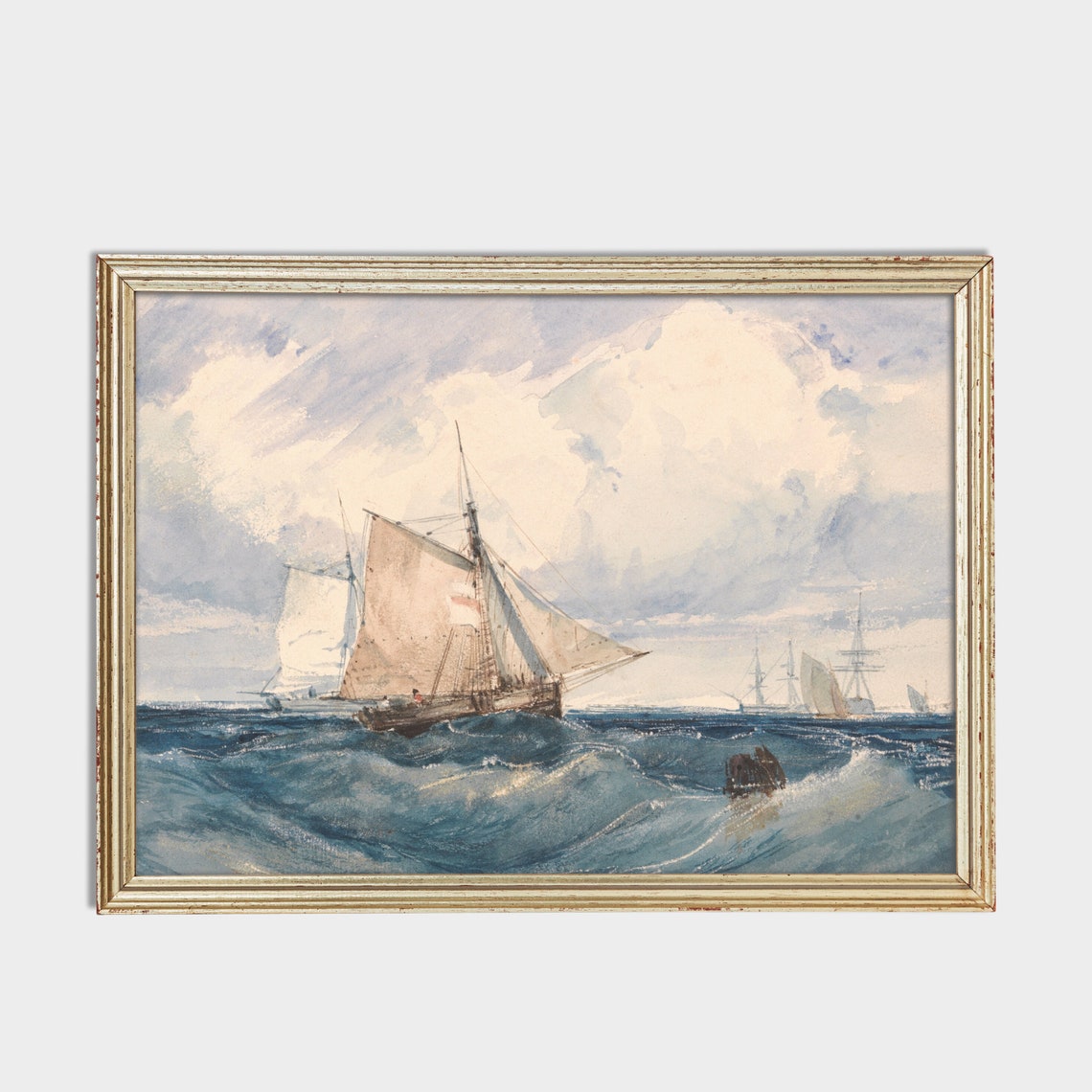 Vintage Sailing Ship Painting Antique Seascape Print Ocean Beach Rustic Art Wall Art Nautical Decor - Image 2