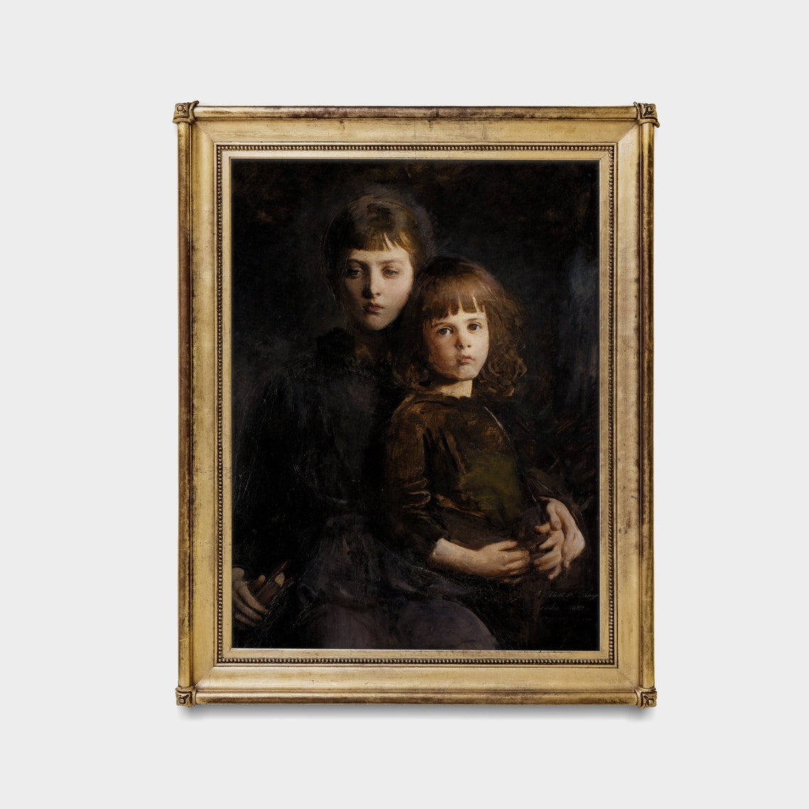 Two Young Sisters Portrait in Dark Vintage Oil Painting Art Poster - Image 4