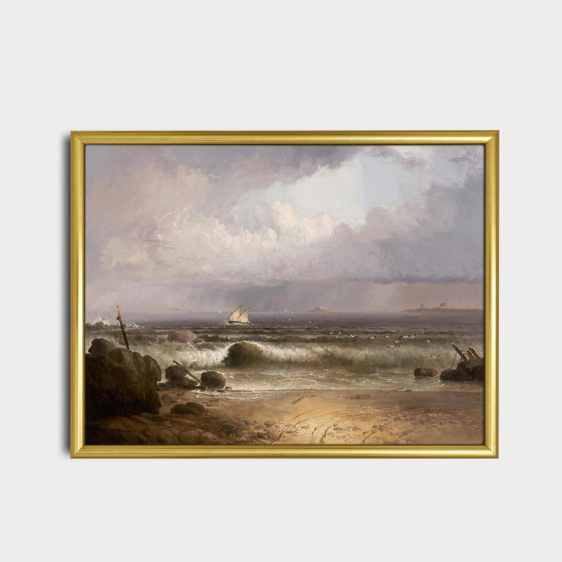 Waves Breaking on a Rocky Shore Beneath a Distant Sail Poster - Image 2