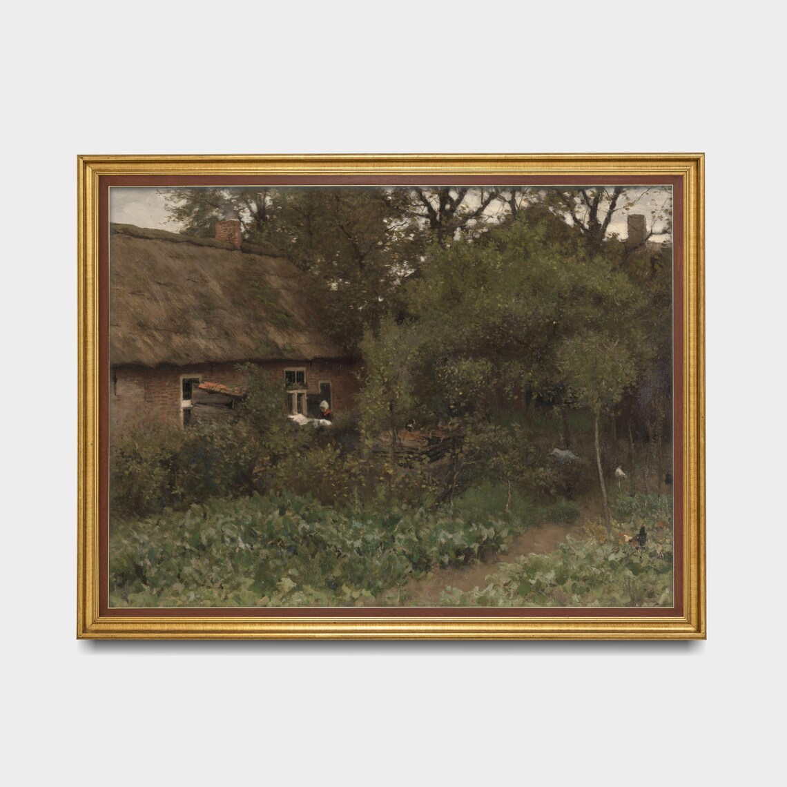 Thatched Cottage Garden Chickens Moody Country Landscape Vintage Print - Image 4