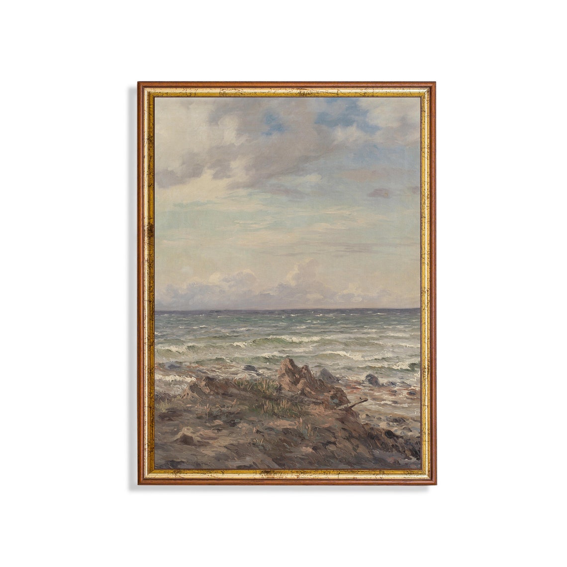 Waves Breaking on a Rocky Shore Under a Vast Cloudy Sky Poster