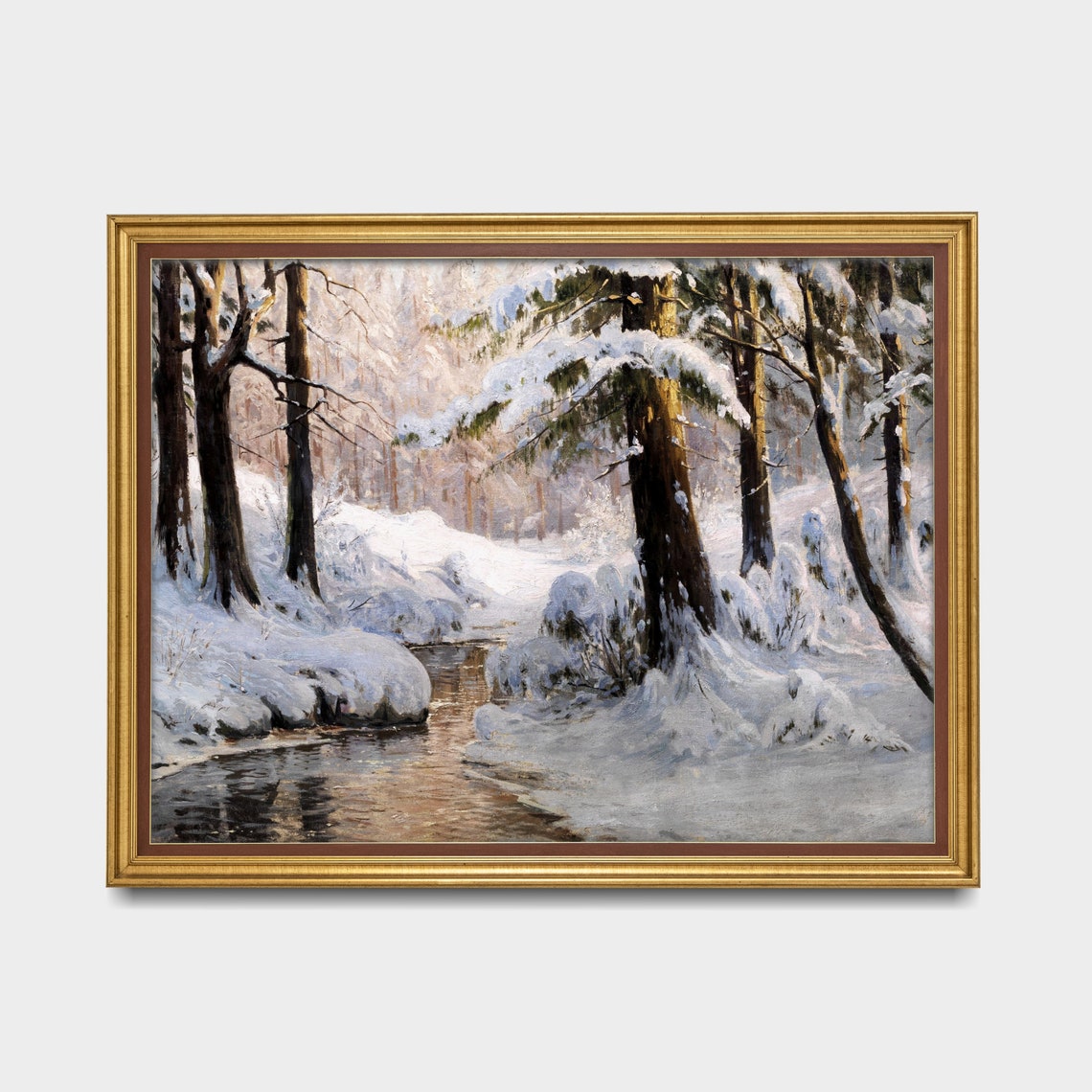 Sunlit Snowy Pine Forest With a Winding Winter Stream Poster - Image 3