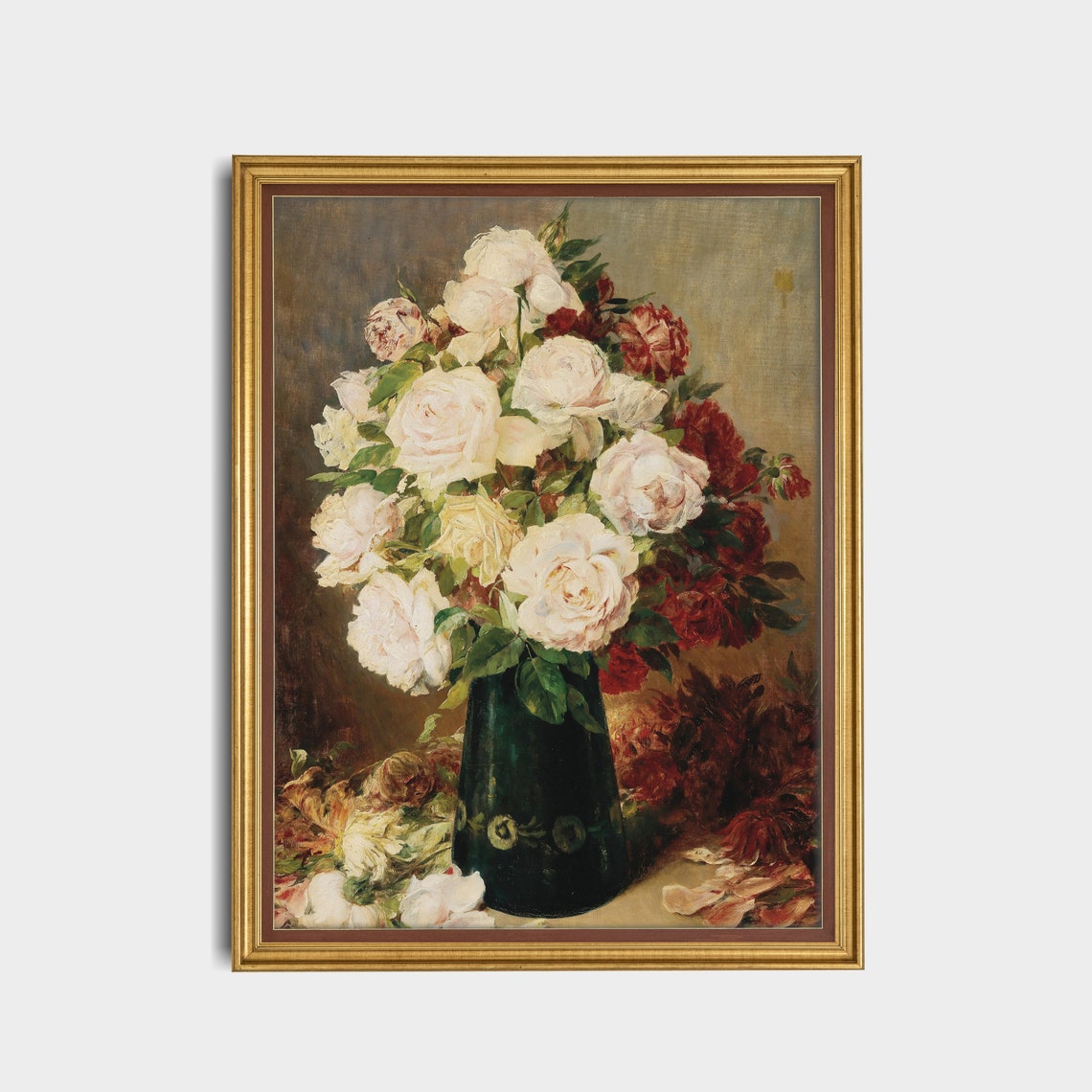 White and Red Roses in a Green Vase Floral Still Life Poster - Image 5