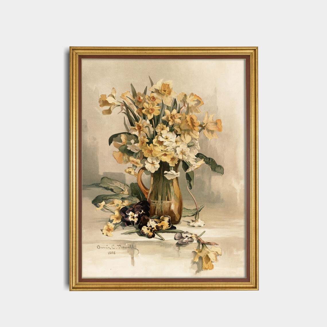 Daffodils in a Pitcher with Pansies 1888 Floral Watercolor Poster - Image 3