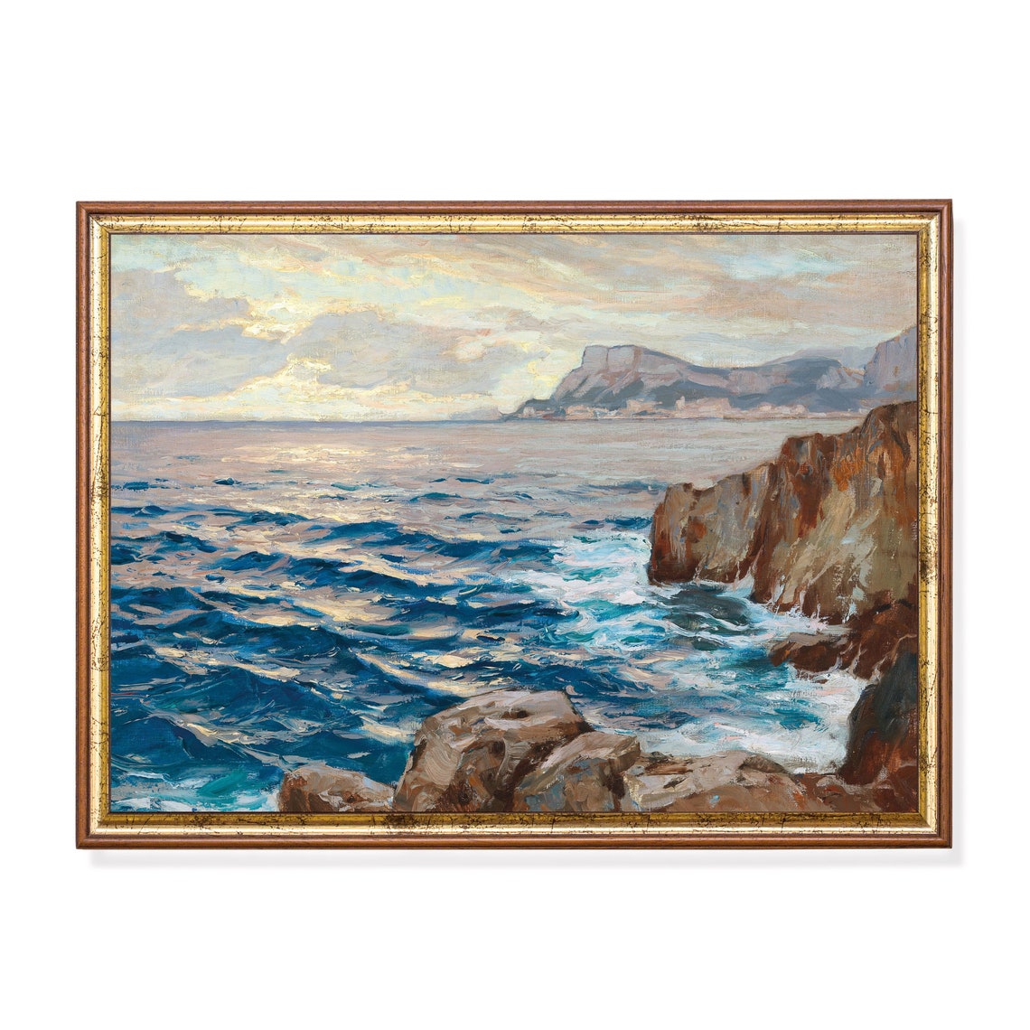 Rocky Cliffs Crashing Waves Sunset Vintage Coastal Painting Art Poster