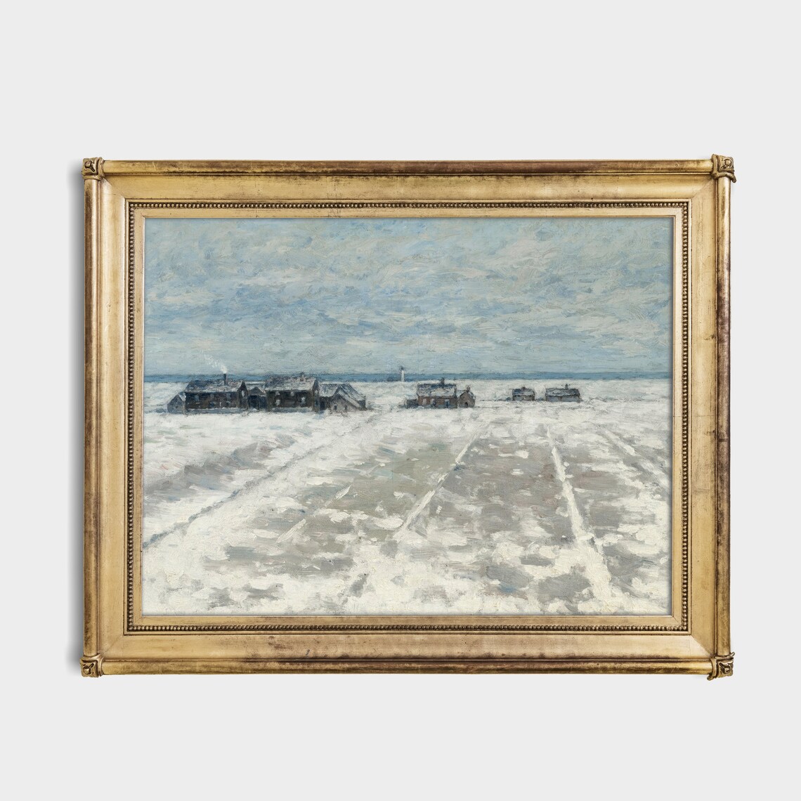 Snow-Covered Coastal Village Huts on Frozen Shore Vintage Poster - Image 2