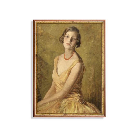 Woman in Gold Gown With Coral Necklace Vintage 1920s Portrait Poster