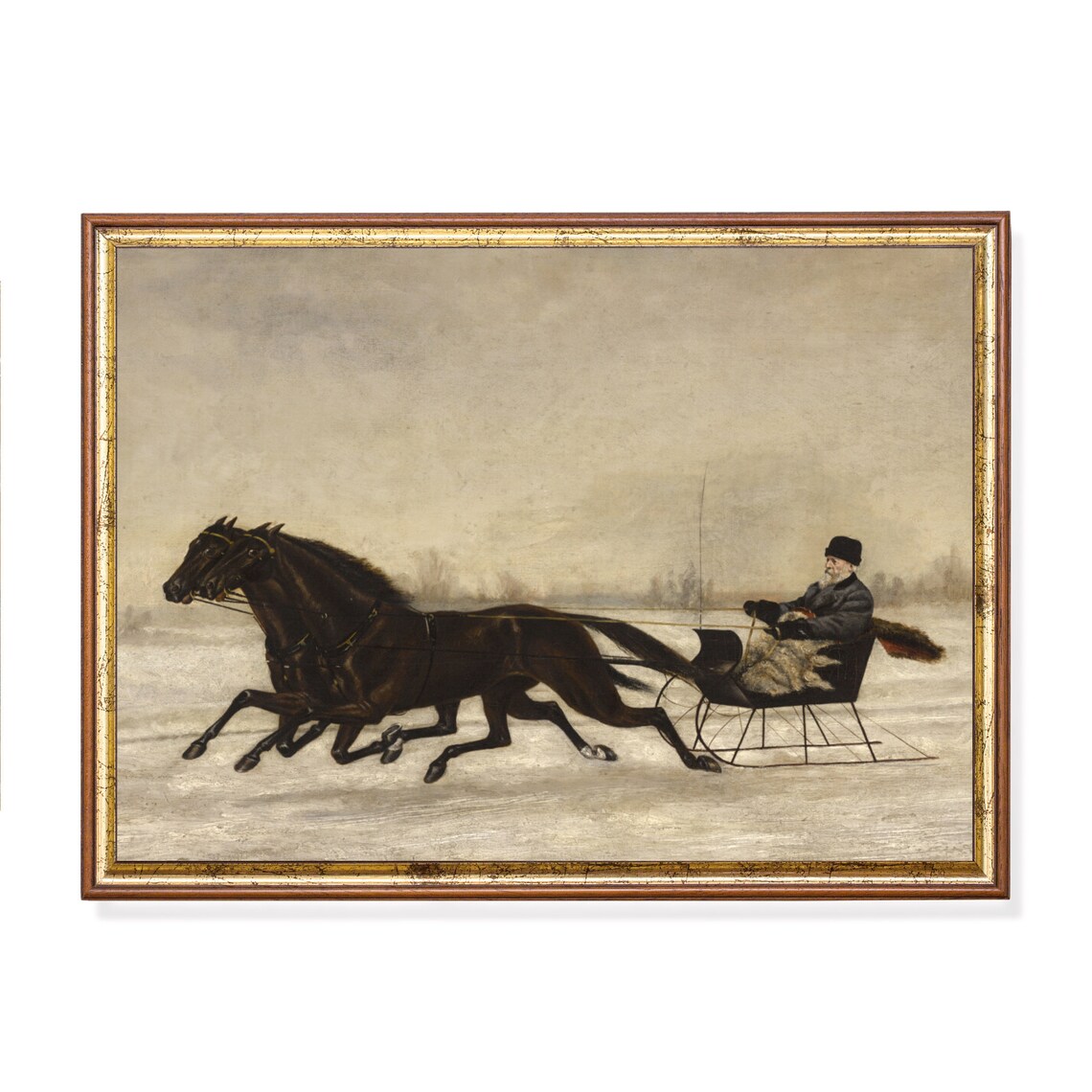 Winter Horse-Drawn Sleigh, Vintage Holiday Art Print
