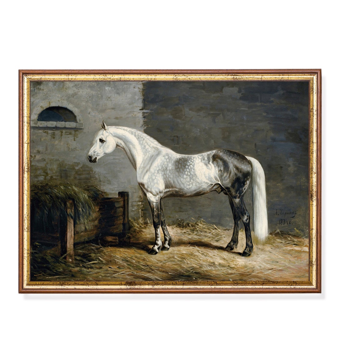 Dapple Grey Horse in a Stable Yard 1871 Antique Equestrian Poster
