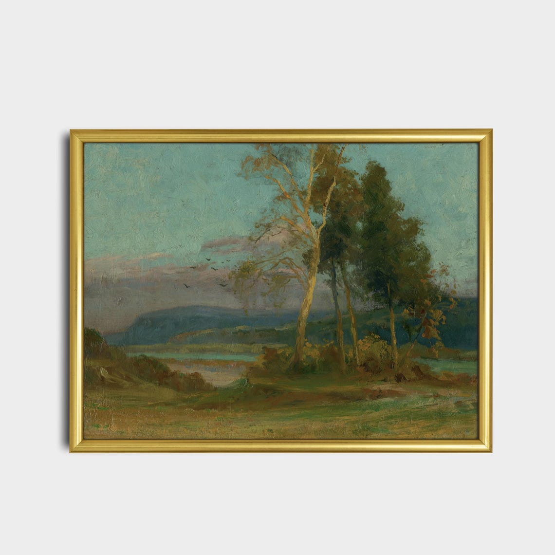 Tall Slender Trees Beside a Still River Under a Teal Sky Poster - Image 2