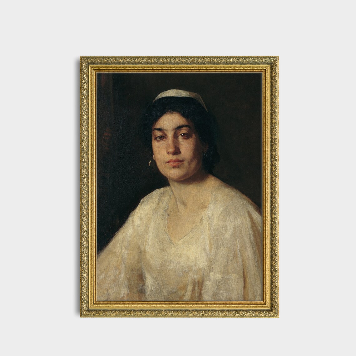 Young Woman White Scarf Direct Gaze Antique Portrait Painting Poster - Image 3