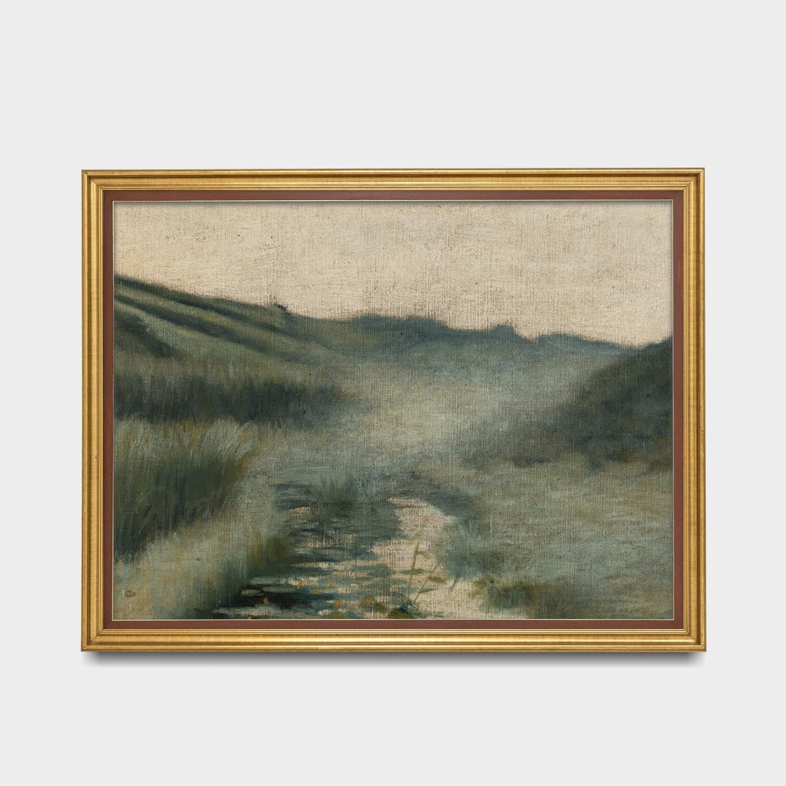 Misty Marsh Stream with Water Lilies Moody Tonalist Painting Poster - Image 2