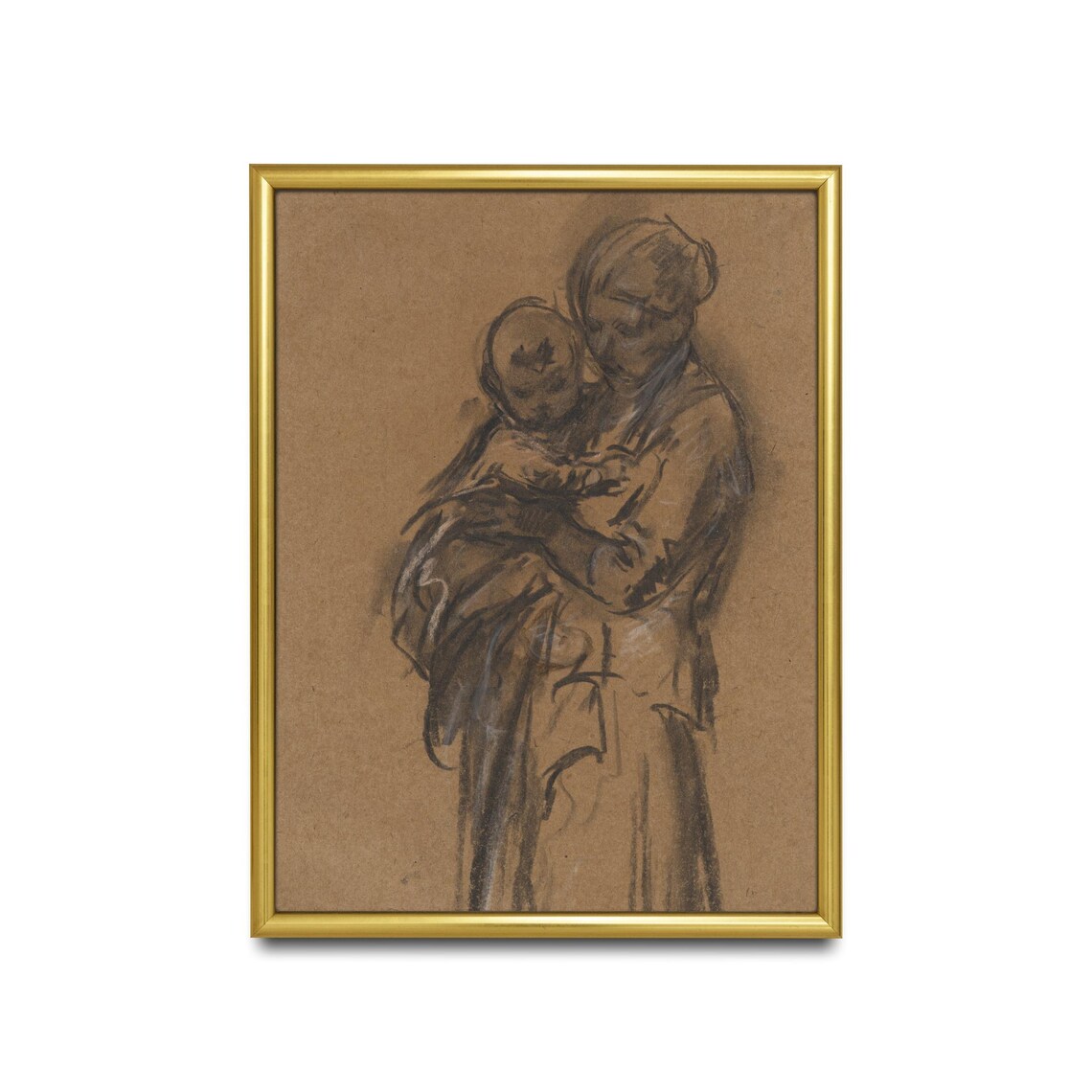 Mother Tenderly Holding Her Child Charcoal Sketch Vintage Poster - Image 2