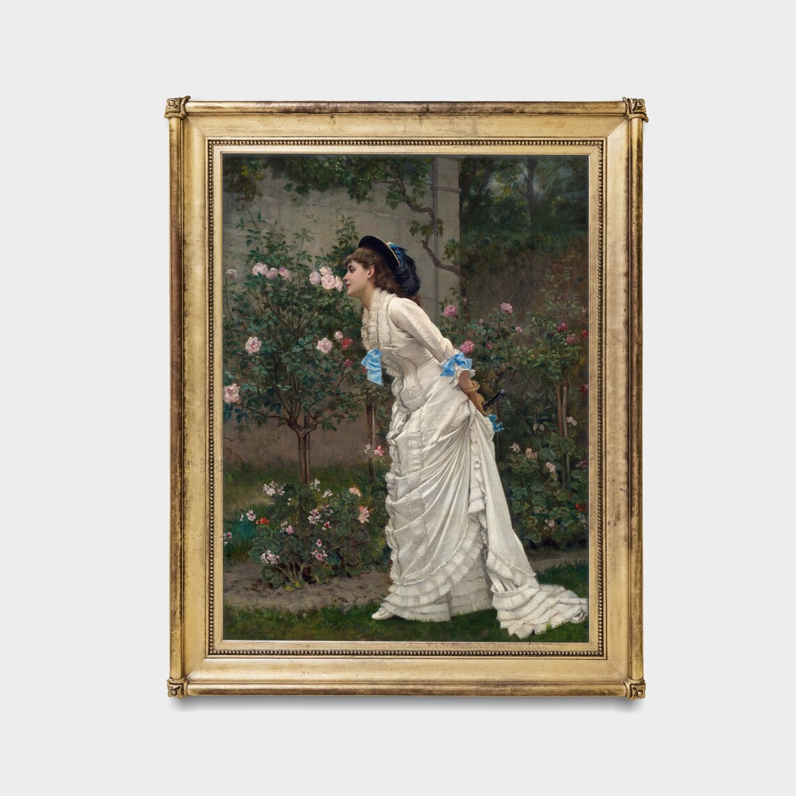 Woman in White Gown with Roses in a Victorian Garden Vintage Poster - Image 2