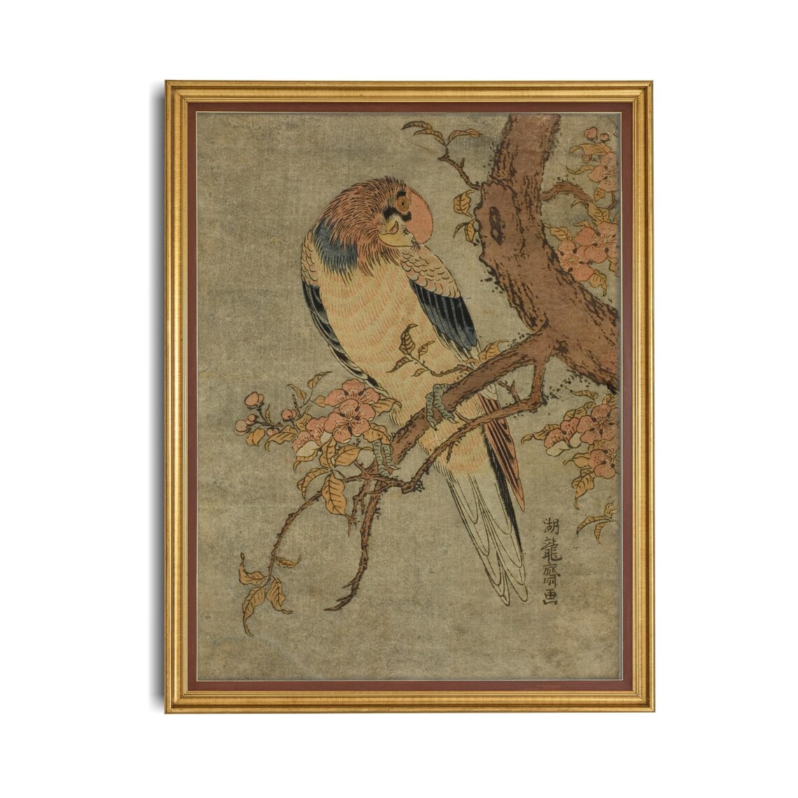 Japanese Woodblock Parrot on Flowering Branch Vintage Bird Poster - Image 3