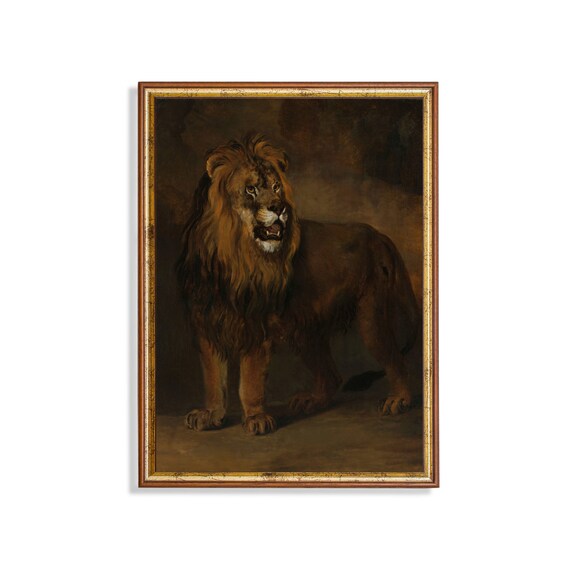 Majestic Standing Lion Antique Oil Painting Wildlife Animal Poster