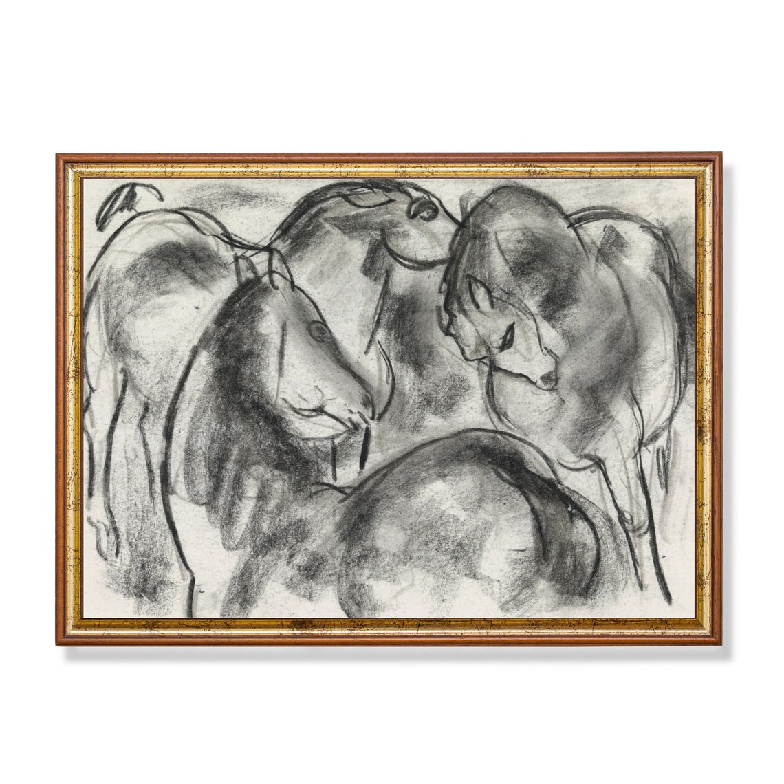 Three Horses Charcoal Sketch Heads Antique Equestrian Study Poster