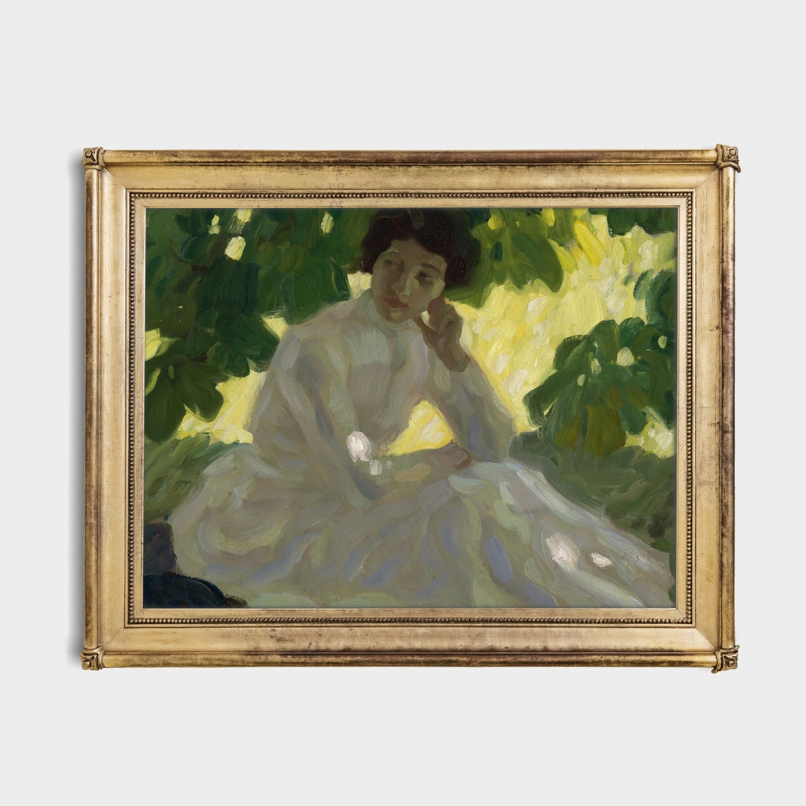 Woman in White Seated in Dappled Summer Garden Shade Art Poster - Image 2