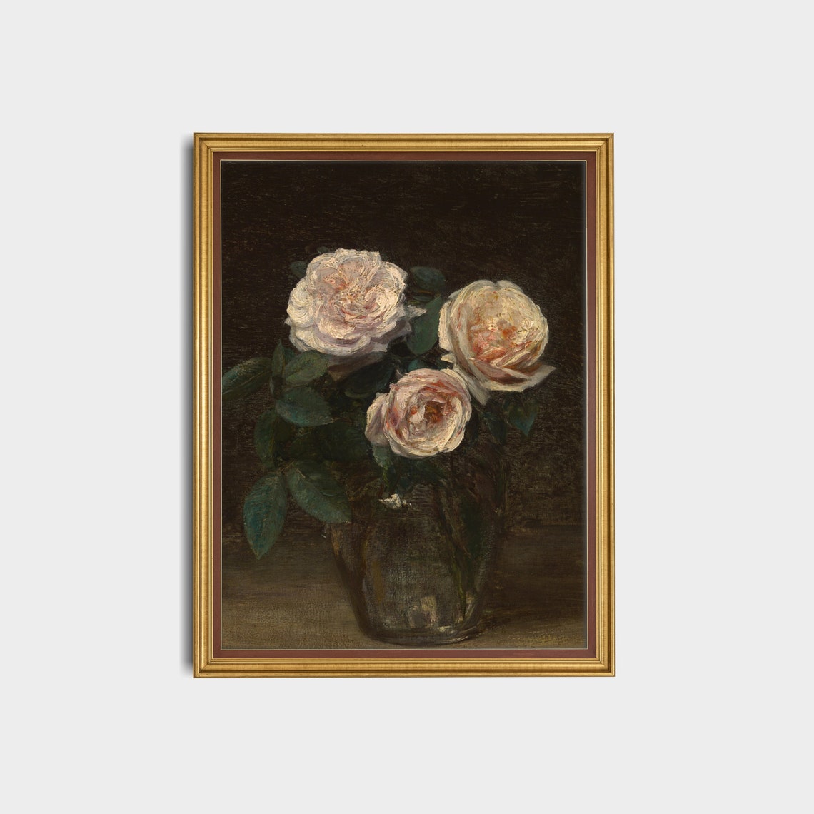 Three Pale Pink Roses in a Glass Vase Moody Floral Still Life Print - Image 3
