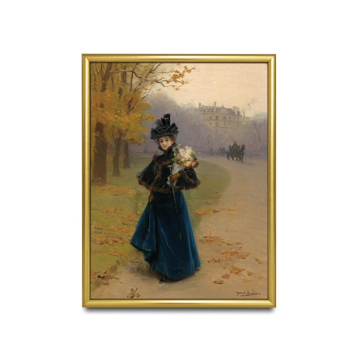 Elegant Lady Blue Velvet Dress Bouquet Autumn Paris Park Art Poster - Image 2