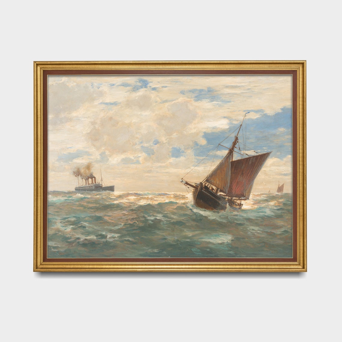 Fishing Boat In Rough Seas With Steamship Vintage Maritime Poster - Image 3