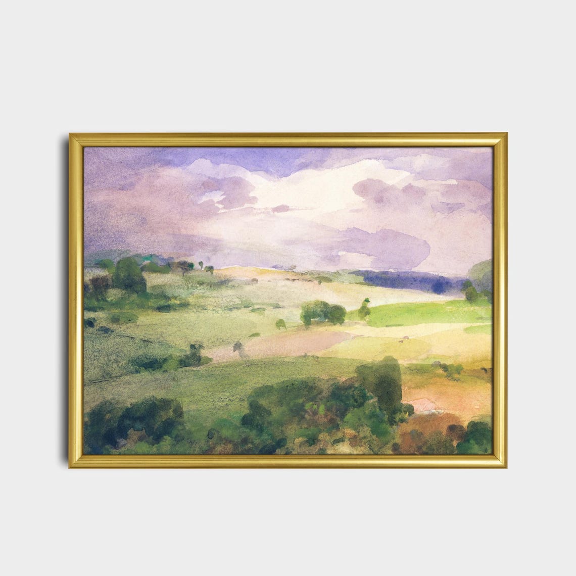 Serene Rolling Hills Soft Purple Clouds Watercolor Landscape Poster - Image 2
