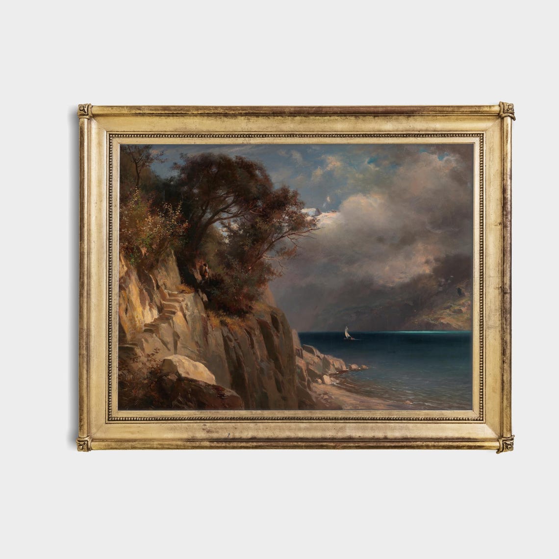 Rocky Sea Cliff with a Distant Sailboat Moody Coastal Poster - Image 4
