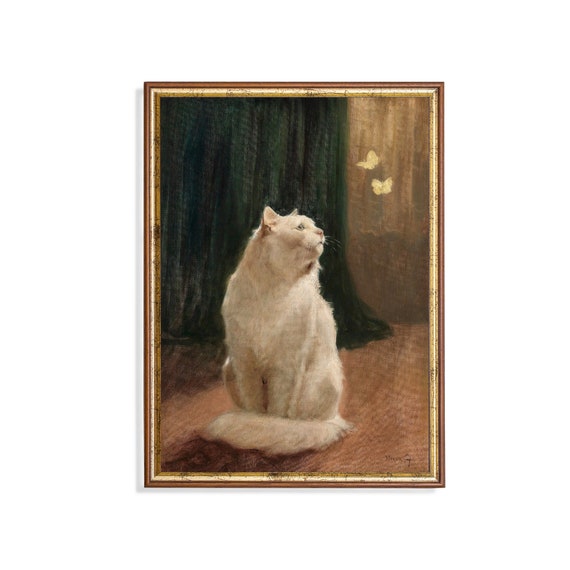 Print And Ship Vintage Cat Painting Antique Animal Print Moody Rustic Art Mailed Print Farmhouse Decor 19th Century Art