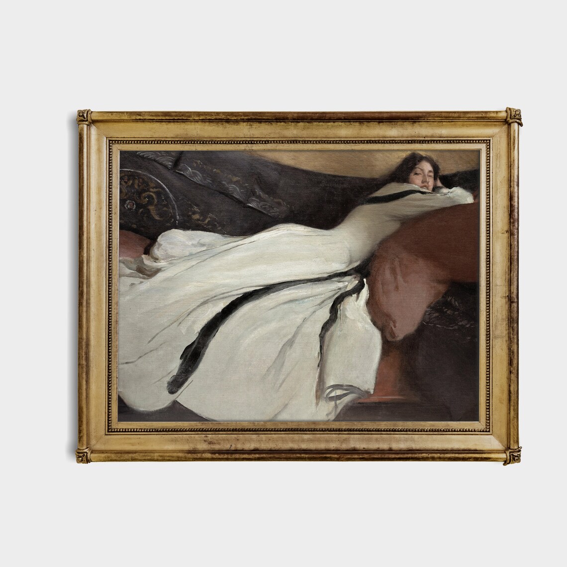 Reclining Woman in White Gown Moody Interior Vintage Portrait Oil Print - Image 4
