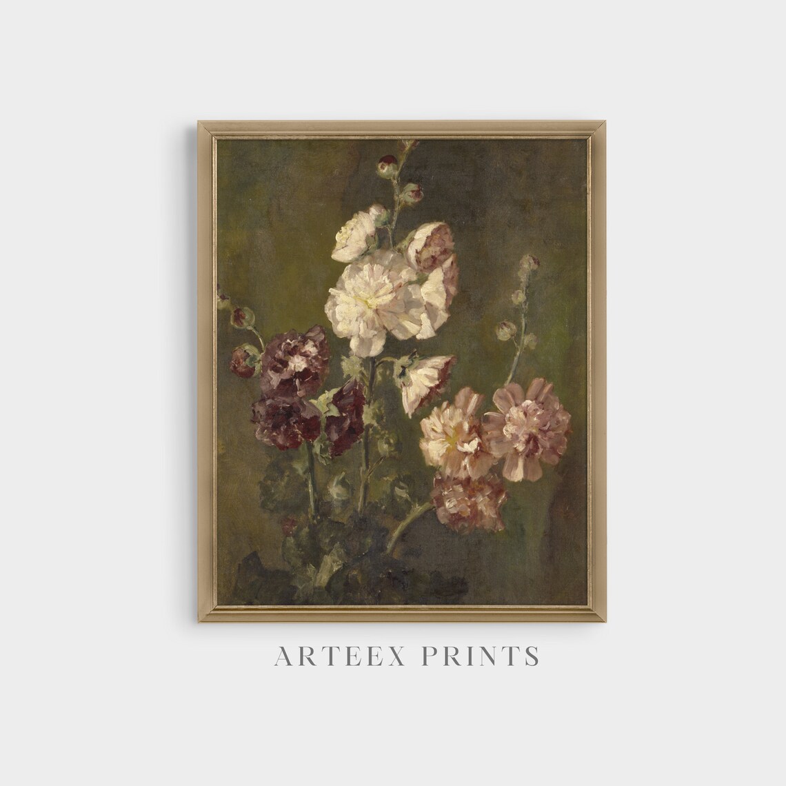 Hollyhock Blossoms Antique Botanical Floral Painting Rustic Poster - Image 4