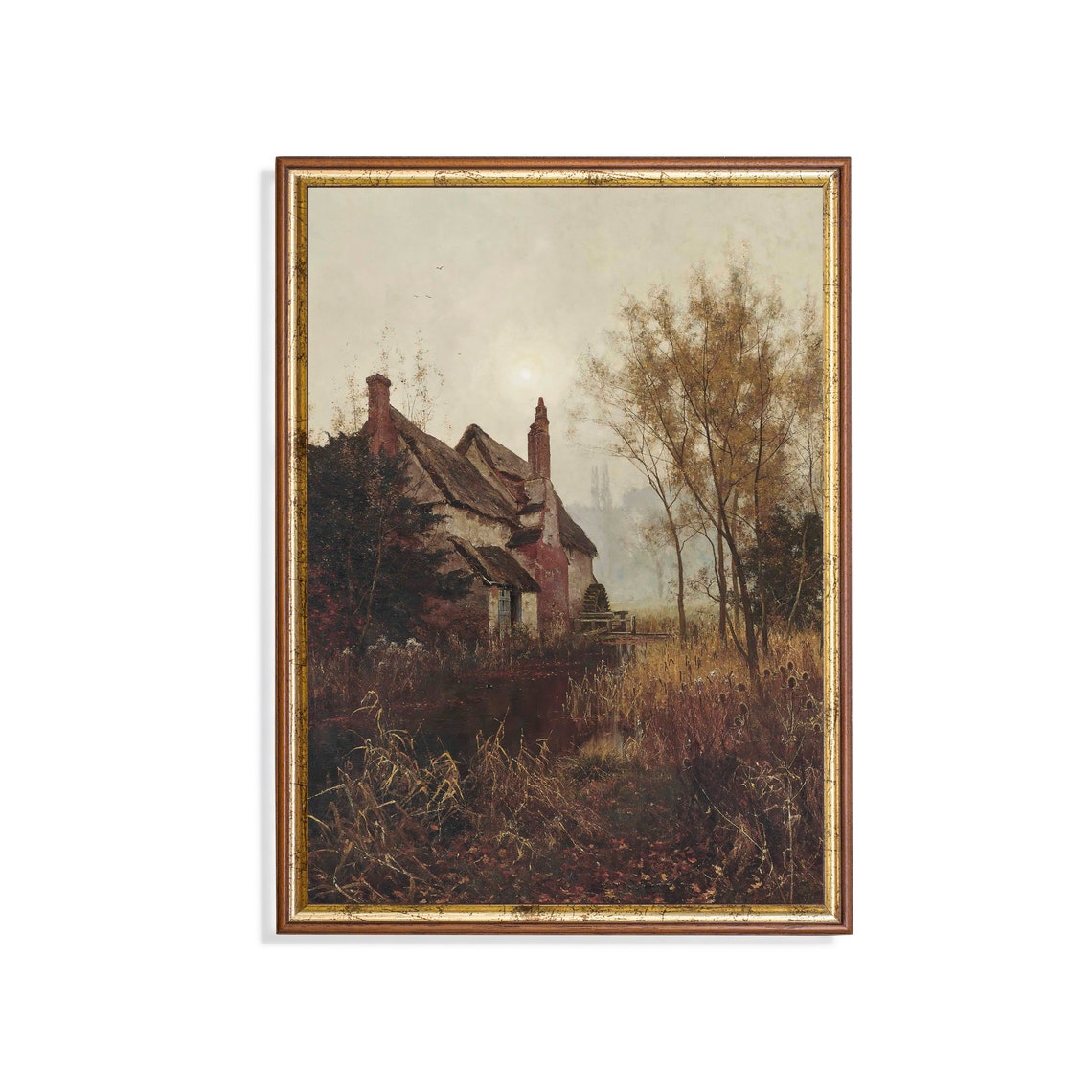 Thatched Watermill Cottage Beside Still Water at Dusk Country Poster