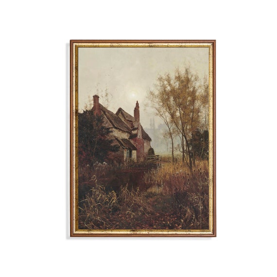 Vintage Landscape Painting Antique Country Landscape Moody Rustic Nature Print Wall Art Farmhouse Decor