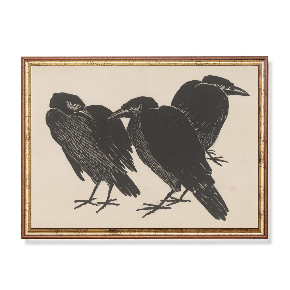 Three Crows Bold Japanese Ink Drawing Antique Bird Art Poster