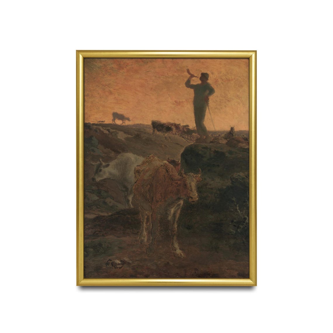 Herdsman Sounding His Horn Calling the Cows Home at Sunset Poster - Image 2