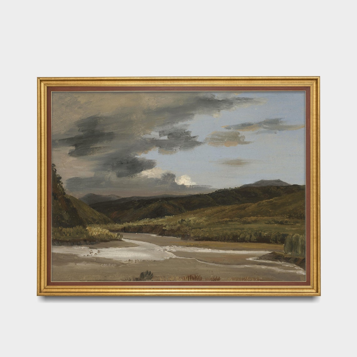 Wide River Estuary Through Green Hills Under Storm Clouds Poster - Image 2