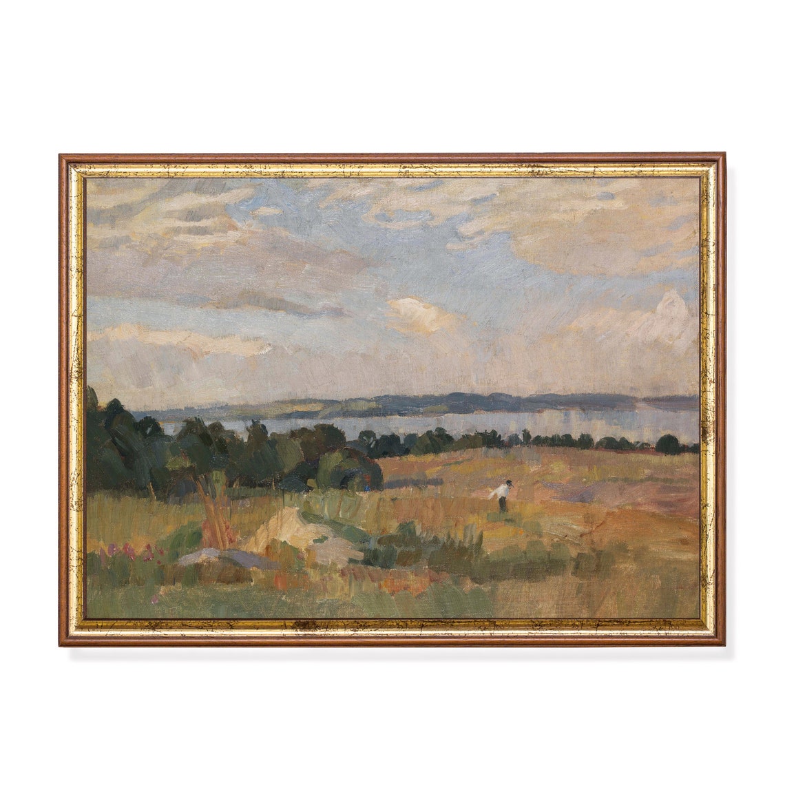 Lonely Walker in Open Field with Distant Lake Impressionist Poster